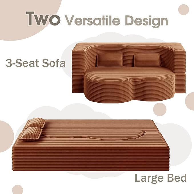 78" Convertible Sofa Bed, 2-in-1 Folding Floor Couch with 2 Pillows, Sleeper Sofa for Living Room and Bedroom, No Assembly Required (Orange, Corduroy Fabric)