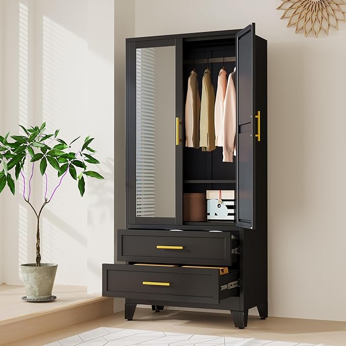 Ckzbx 71" H Metal Armoire Wardrobe Closet with Mirror, Adjustable Shelve, Clothes Drying Pole, Steel Wardrobe Cabinet for Bedroom (Black 2 Drawers)