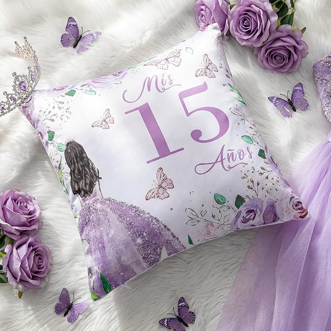 Kathfly Cojines para 15 A??os De Quincea??era Decoration 16 x 16 Inche Violet Quincea??era Pillow Gifts Mis Xv A??os Throw Pillow Sweet for Daughter Sister Friend 15th Birthday Gifts