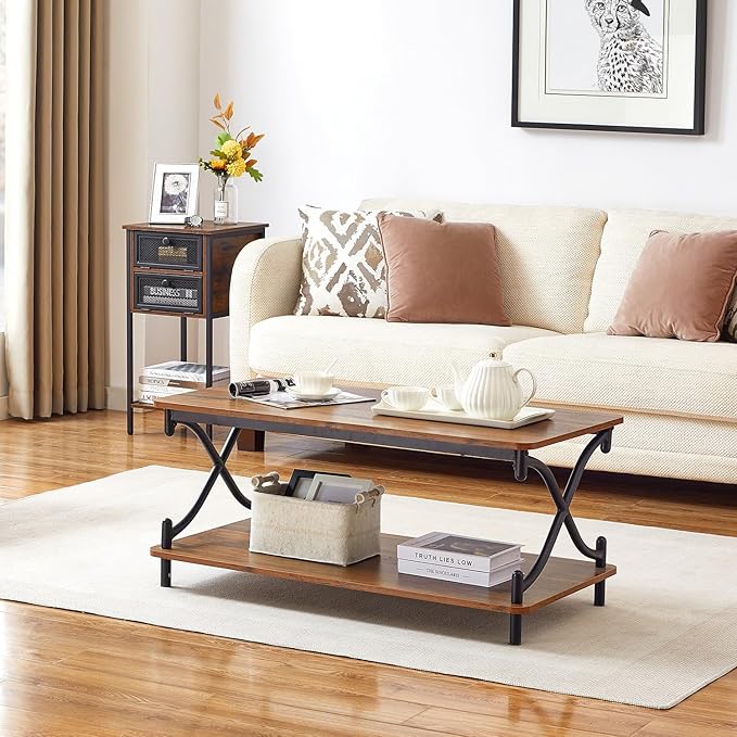 VECELO Coffee Table for Living Room with Round Corners Modern Farmhouse Center Table with Storage Shelf for Home Office 39 Inch, Easy Assembly, Retro Brown