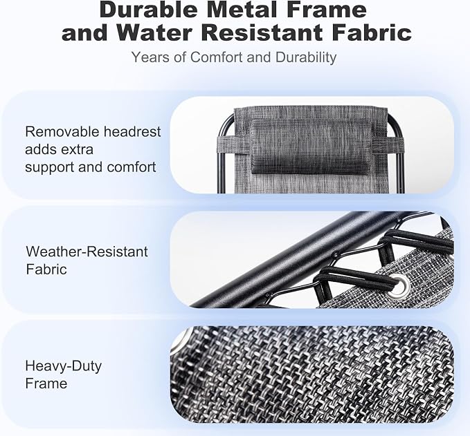 Nazhura Set of 2 Relaxing Recliners Patio Chairs Adjustable Steel Mesh Zero Gravity Lounge Chair Beach Chairs with Pillow and Cup Holder(Grey) - Image 6