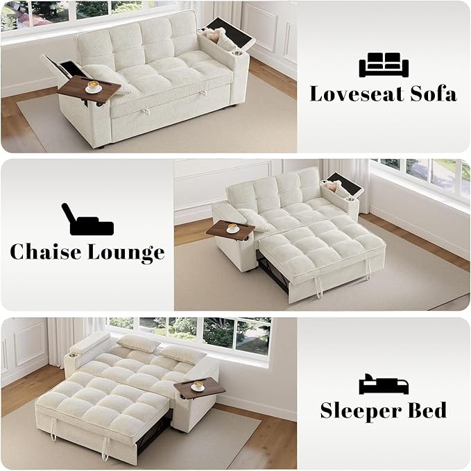 Rovibek 65'' Convertible Sleeper Sofa Bed, 3-in-1 Pull Out Couch with 360° Swivel Side Table, Adjustable Backrest, Loveseat Sleeper with Charging Port | Side Pocket | Cup Holders, White