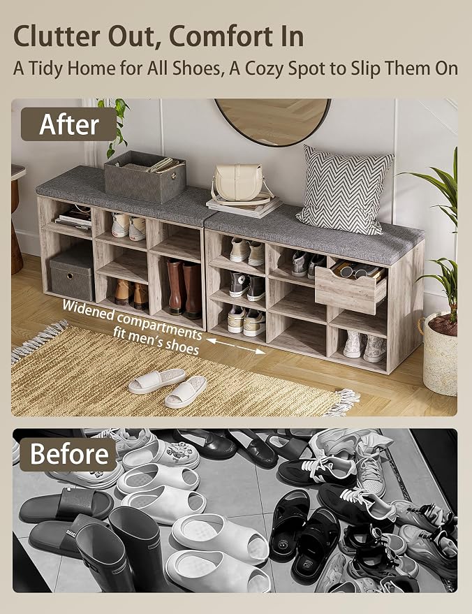 DINZI LVJ Shoe Bench, 9 Cubbies Shoe Organizer for Entryway, Storage Bench with Cushion, Cubby Shoe Rack with Adjustable Shelves for Living Room, Bedroom, Mudroom, Hallway, Greige - Image 4