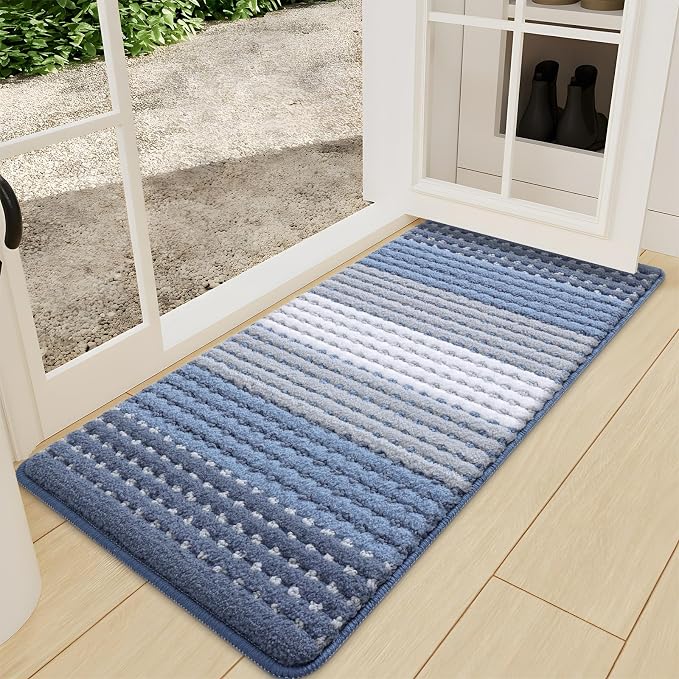 Kitinjoy Indoor Outdoor Door Mat, 47x24 Non-Slip Absorbent Dirt Trapper, Low-Profile Washable Inside Entrance Front Floor Mat, Sturdy Soft Entry Dotted Ombre Doormats for Entryway, Light Blue by Kitinjoy