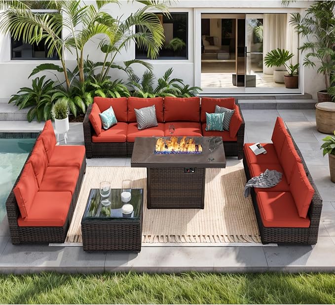 12 Piece Patio Furniture Set with Fire Pit Table All Weather PE Rattan Outdoor Sectional Sofa Couch with No-Slip Cushions and Glass Top Table for Garden, Poolside, Backyard (Red)