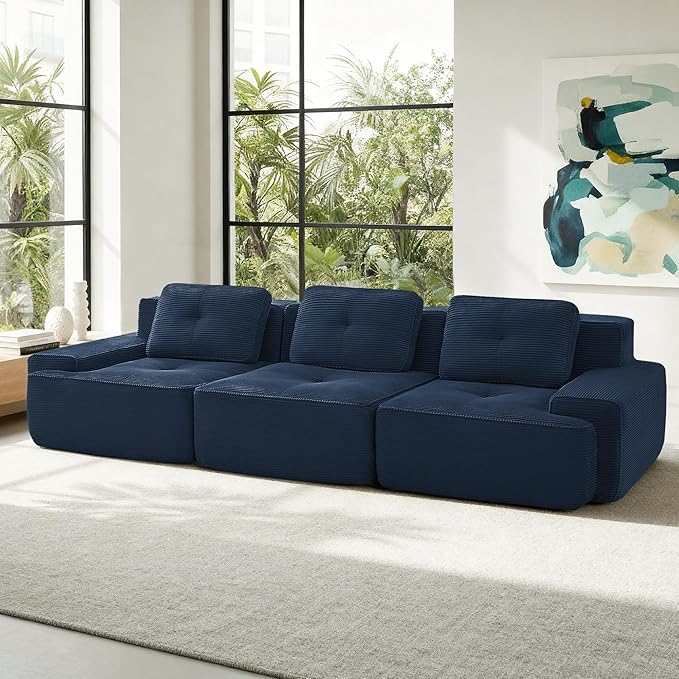 Casaphoria 115'' Blue Corduroy Sofa, Boneless Sectional Couch with 3 Pillows for Modern Living Room, Deep Seat Sofa No Assembly Modular Cloud Couch