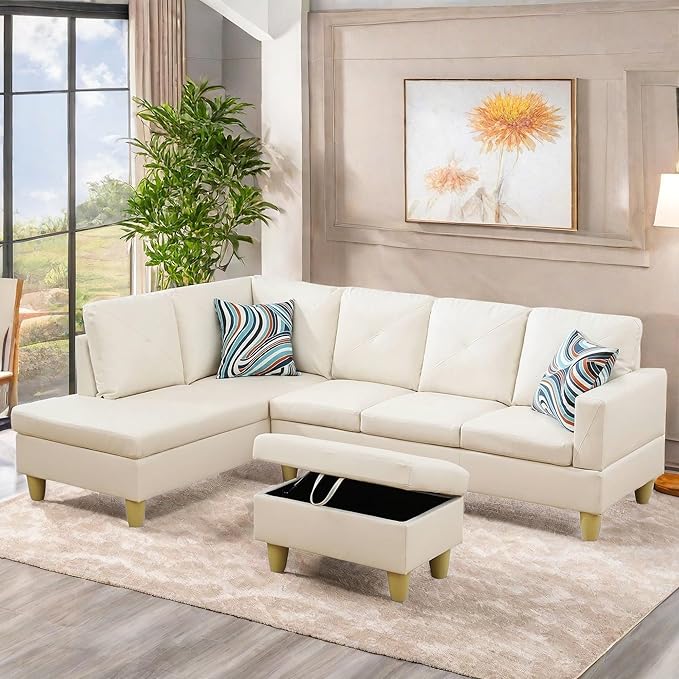 FONTOI L Shaped Sectional Couch Sofa, Modern Couches for Living Room, Comfy 4 Seat Modular Sectional Sofa with Ottoman Storage for Bedroom Apartment, White
