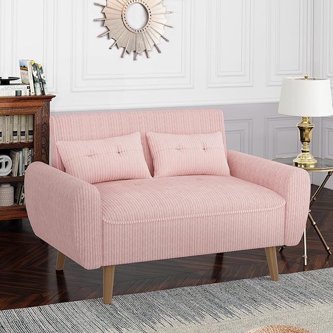 Shintenchi Small Modern Loveseat Couch Sofa, Mid Century Fabric Upholstered 2-Seat Sofa Couch Love Seats Furniture for Small Space,Living Room,Studio,Apartment with 2 Pillows, Pink