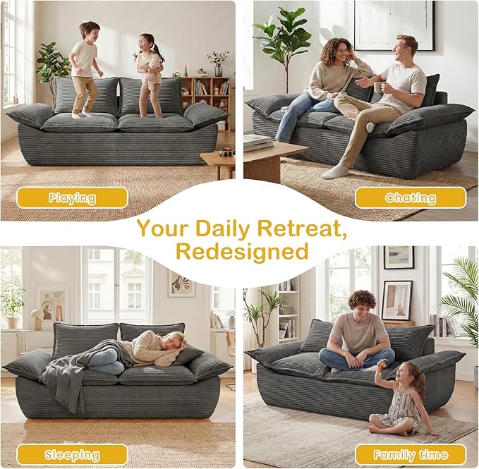 59" Boneless Loveseat Sofa, 2-Seater Gray Boneless Sofa with Removable Cushions & 2 Pillows, Small Couch Boneless Compress Foam Sofa for Living Room, Apartments, & Office