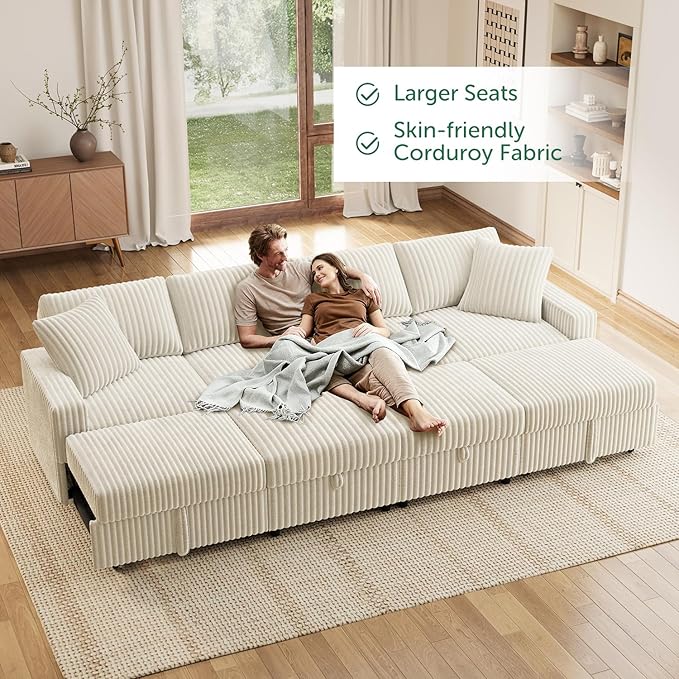 HONBAY 121.3 Inch Modular Sectional Sleeper Sofa with Pull Out Bed, Convertible L & U Shaped Couch with Storage & Adjustable Backrest, Velvet White