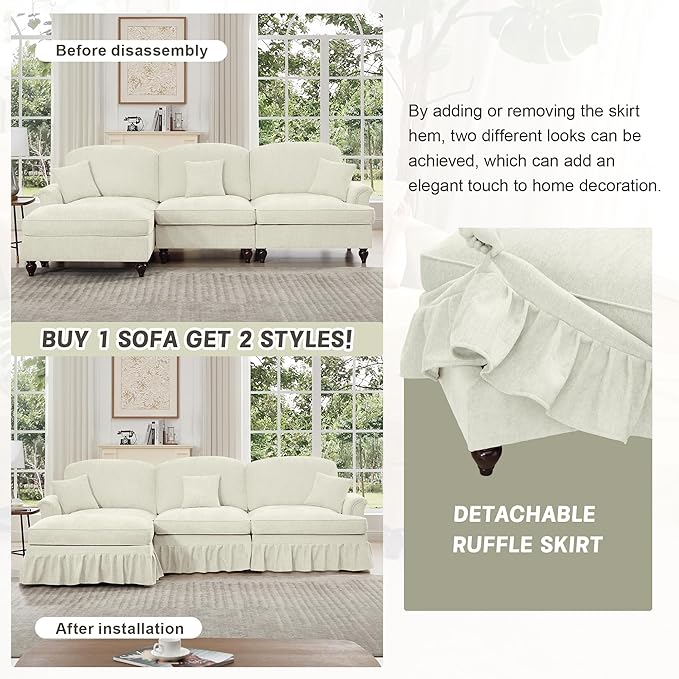 KEIKI Mid Century Modular Sofa with Flared Arms and Skirted Design, 107” Oversized 3-Seater with 2 Ottomans Chenille Sectional Couches for Living Room, Chaise Lounge Indoor Furniture, Beige White