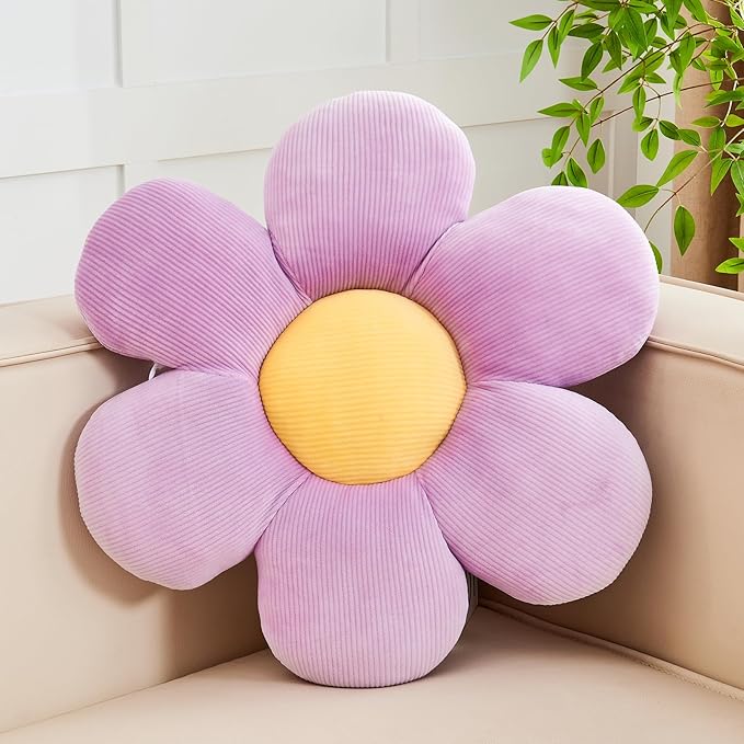 Kcvvcr Purple Flower Pillow, 14.9" Cute Flower Shaped Floor Pillow, Aesthetic Floral Plush Daisy Decorative Throw Pillows for Bed Sofa Couch