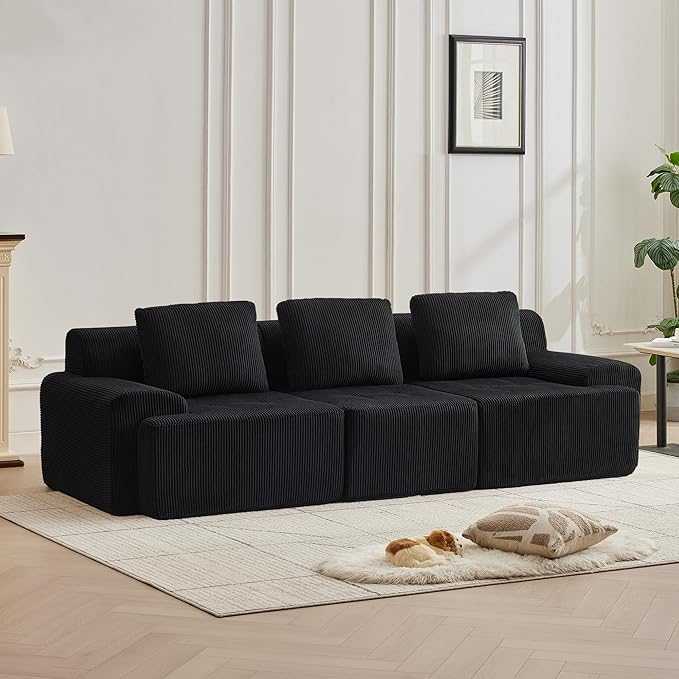 Modular Sectional Sofa with Movable Ottoman, 3 Seat Deep Seat Couch with 3 Pillows, Comfy Cloud Sectional Sofa for Living Room, Bedroom and Apartment (Black, 1 Left+1 Right+1 Middle)