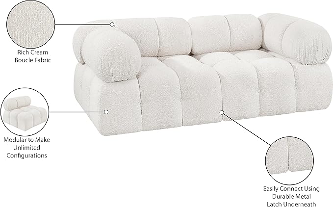 Meridian Furniture 611Cream-S68A Ames Collection Modern | Contemporary Modular Sofa with Rich Cream Boucle Fabric, Modular to Create Infinite Configurations, 68" W x 34" D x 28" H, Cream