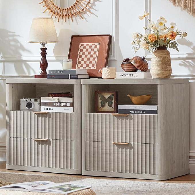 LEYAOYAO Fluted Farmhouse Nightstand Set of 2 with Charging Station, 23" Wide 2 Drawers Night Stand,LightGrey Dresser for Bedroom,Bed Side Table Chest of Drawers,Wood End Table for Living Room by LEYAOYAO-Findtheshiningpointofyourideallife%EF%BC%81