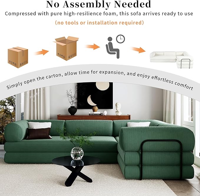 Merax L-Shaped Modular Sofa Bed in Corduroy Fabric, Convertible Sleeper Sofa Bed, 4 Seat Floor Couch for Living Rooms and Apartments, No Assembly Required, Green