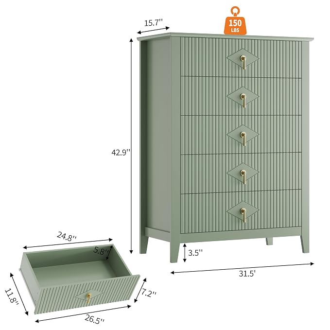 GarveeHome Fluted Dresser for Bedroom, 42.9" Tall 5-Drawer Wood Dresser, Modern Chest of Drawers, Storage Organizer Cabinet for Living Room, Hallway, Entryway, Green - Image 2