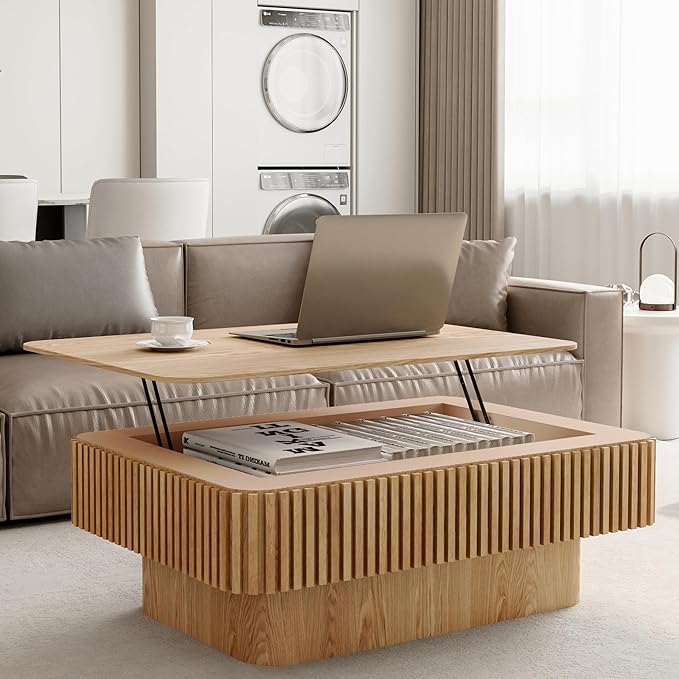 Coffee Table with Lifting Top for Living Room,Modern Natural Solid Wood Fluted Lift Top Coffee Table with Storage,38.6''Rectangular Smart Lift Pull Up Tabletop for Apartment Office,Oak
