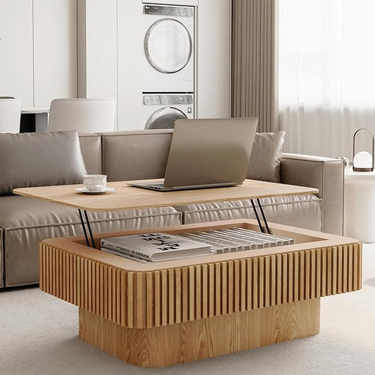 Coffee Table with Lifting Top for Living Room,Modern Natural Solid Wood Fluted Lift Top Coffee Table with Storage,38.6''Rectangular Smart Lift Pull Up Tabletop for Apartment Office,Oak