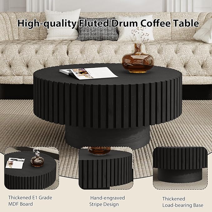 Round Fluted Coffee Table Mid Century Modern Coffee Tables with Handcrafted Relief Circle Drum End Table Rustic Industrial Center Tables for Apartment Living Room (Black Round)