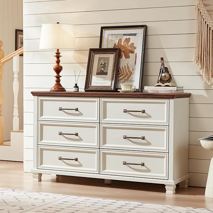 SAVOR LIFE Farmhouse White 6 Drawer Dresser for Bedroom, 54 inch Wide Vintage Large Chest of Drawers with Square Wood Legs, Rustic TV Console for Living Room, Wooden Storage Closet Dressers for Home - Image 4