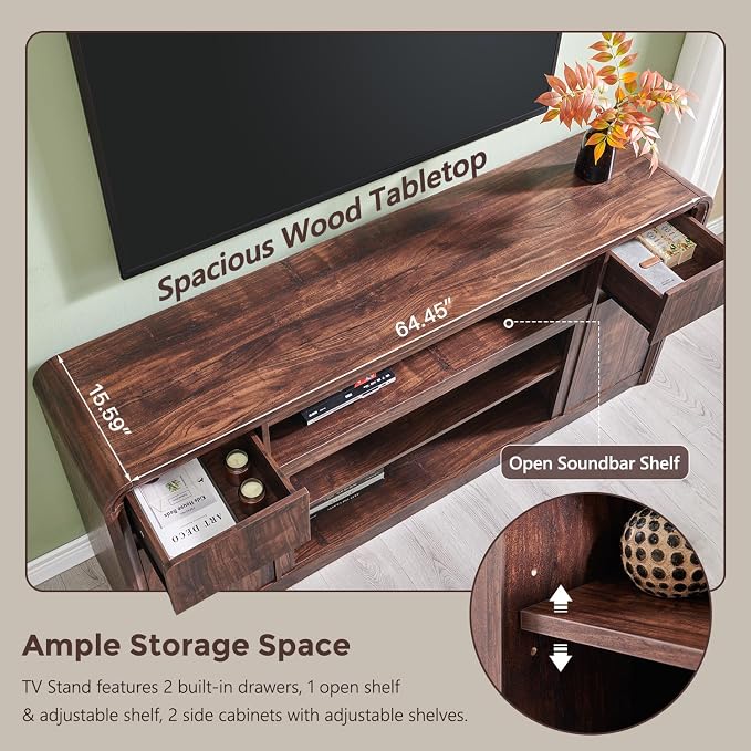 Modern TV Stand for 80 Inch TVs, 32"Tall Entertainment Center w/Storage Cabinet& drawers, Media Console Cabinet w/Soundbar & Adjustable Shelves for Living Room, Curved Profile Design, 70 inch (Brown) - Image 4