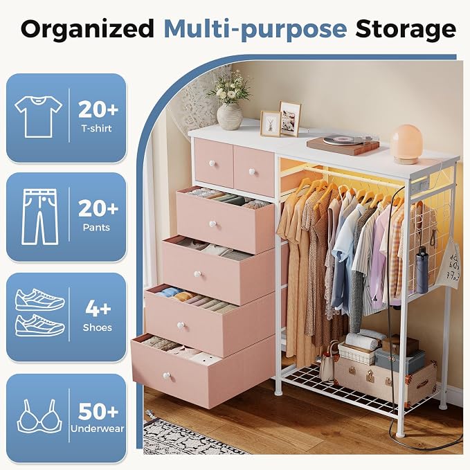 DUMOS Dresser for Bedroom with Hanging Rack, 6 Drawer Fabric Dresser with Charging Station and LED Lights, Closet Organizer & Storage Tower for Living Room, Entryway, Apartment, Pink - Image 5