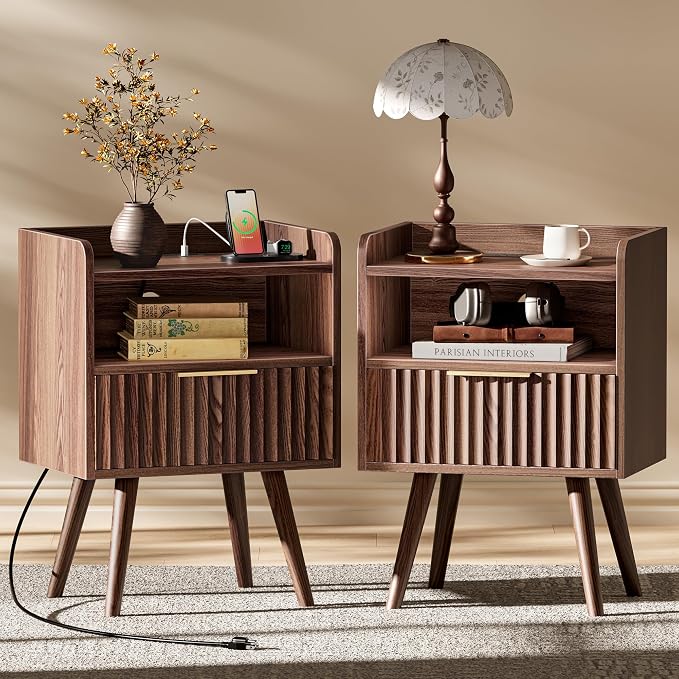 Huuger Nightstand with Charging Station, USB-C Port, Fluted Night Stand Set of 2, Bed Side Table with Drawer, Solid Wood Feet, Open Storage, End Table with Raised Edge, for Bedroom, Walnut by Huuger