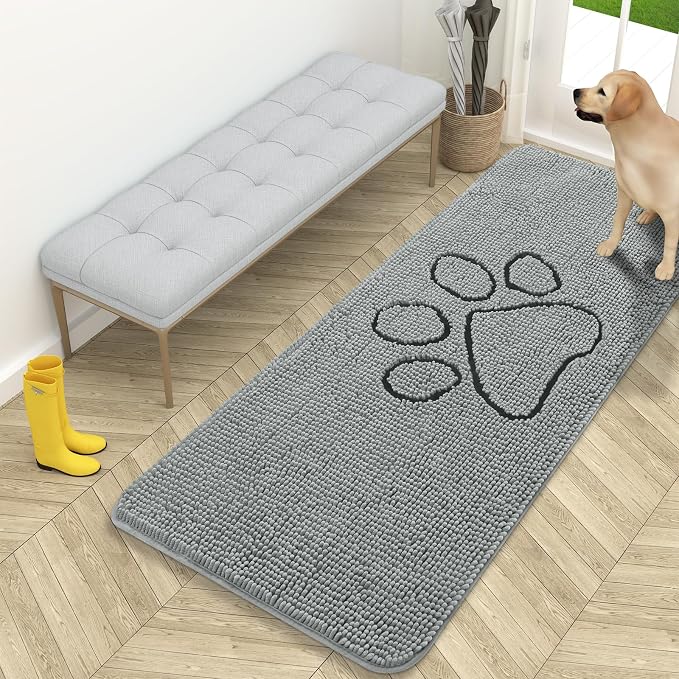 OLANLY Dog Door Mat for Muddy Paws 59x24, Paw Print Design, Absorbs Moisture and Dirt, Absorbent Non-Slip Washable Doormat, Quick Dry Chenille Mud Mat for Dogs, Entry Indoor Entryway Carpet, Grey by OLANLY