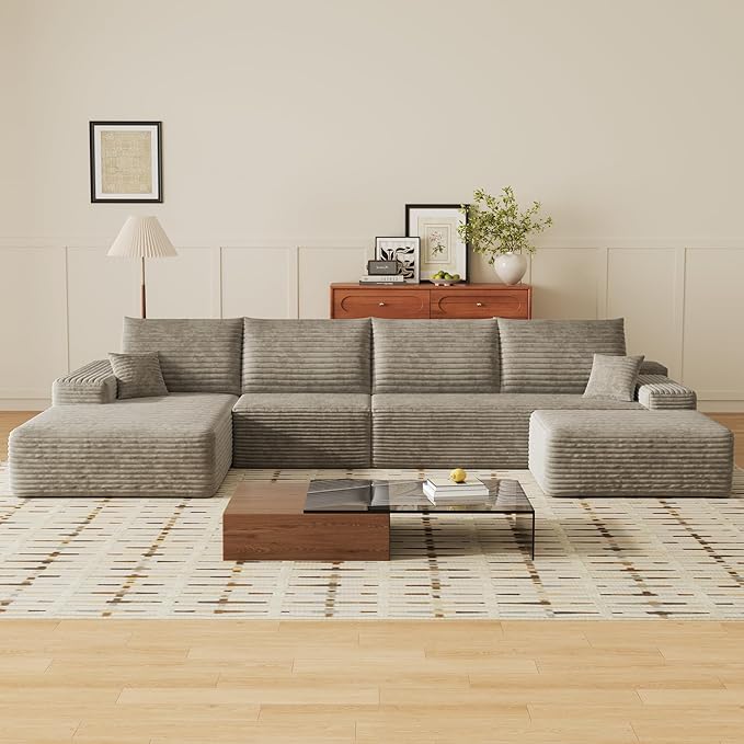 135" U Shaped Sectional Couch with Ottoman, Large Sectional Couches for Living Room, Plush Corduroy Convertible Sleeper Sofa, Compressed Foam Sofa in a Box No Assembly, Left Facing Chaise, Camel