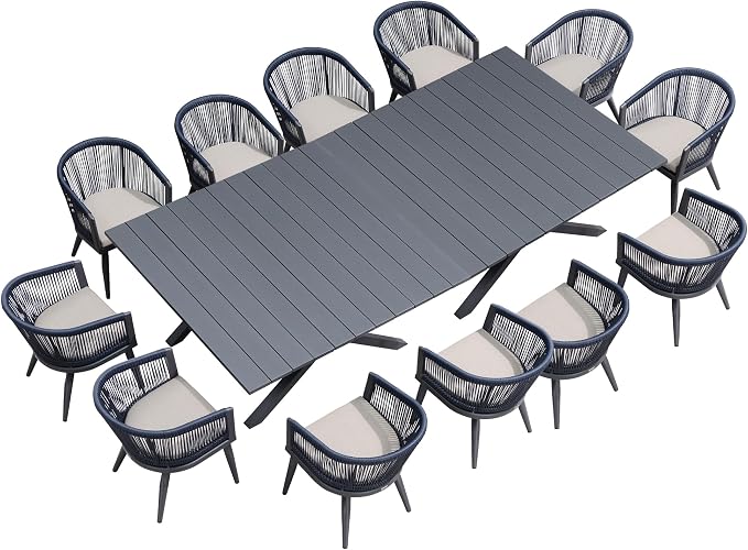 PURPLE LEAF Outdoor Dining Set for 12 All-Weather 14 Pieces Patio Aluminium Dining Large Table and Rope Weave Chairs Included Cushions for Backyard Deck Kitchen Modern Furniture Set Gray and Navy by PURPLELEAF