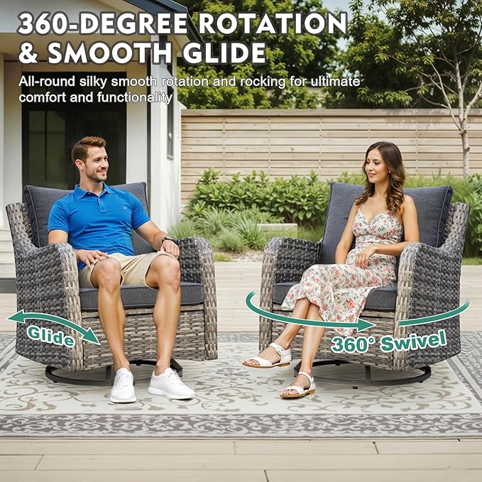 MEISSALIVVE 7 Pieces Patio Furniture Set with Swivel Chair, Wicker Patio Sofa, Rattan Conversation Set with Three-seat Sofa, 2 Ottomans and Loveseat for Lawn Backyard (Grey)