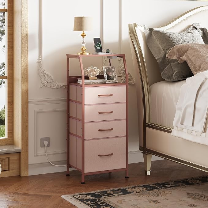 WLIVE 4 Drawer Dresser for Bedroom, 37" H Nightstand with Charging Station and Led Light, Tall Night Stand Bed Side Table, End Table with USB Ports and Outlets, Fabric Bins, Wood Shelf, Pink - Image 2