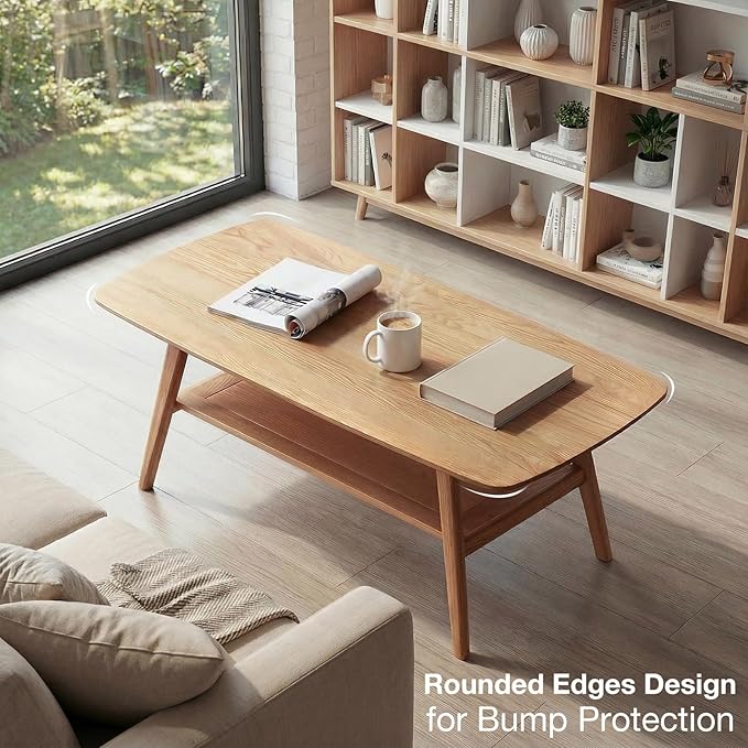 Mid Century Modern Coffee Table: 100% Solid Wood Coffee Table - 2-Tier Storage Design - Space Saving Small Coffee Tables for Living Room, Apartment (Natural, 31.49")