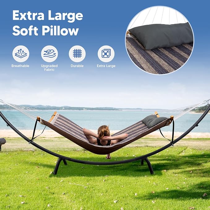 SUNCREAT Hammocks for Outside with Stand, Porch Hammock and Stand, 475 lbs Capacity, Patent Pending, Gray Stripes - Image 7