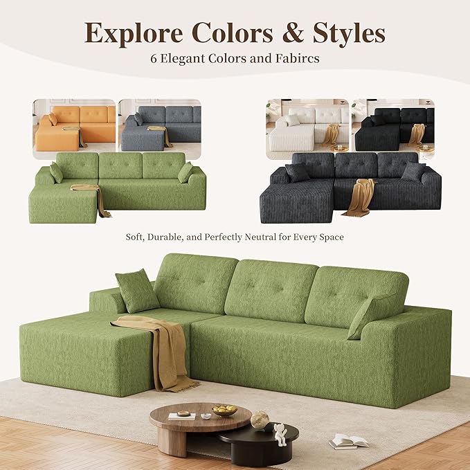 Ball & Cast 106" Cloud Sectional Couch, Compressed L-Shaped Sofa with Deep Seat Chaise, Boneless No Assembly Modular Couch, Foam & Spring Support, 2 Boxes (Right Facing, Chenille Green)