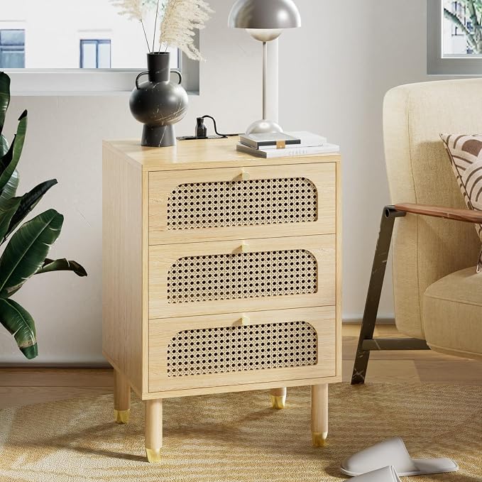 VINGLI Rattan Nightstand, 3 Drawer Nightstand for Bedroom, Boho Furniture Bedroom, 27" Tall Night Stand/End Table with Charging Station, Oak by VINGLI