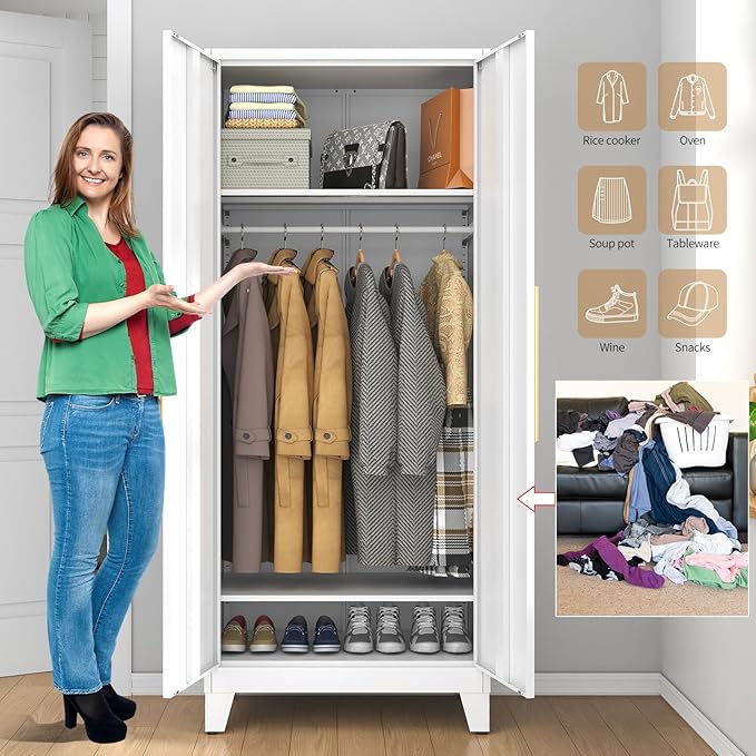 75.3" Tall Metal Armoire Wardrobe Closet with 2 Doors, Adjustable Hanging Rod & 2 Adjustable Shelves, Freestanding Storage Cabinet Organizer for Bedroom, Office, Laundry Room, White