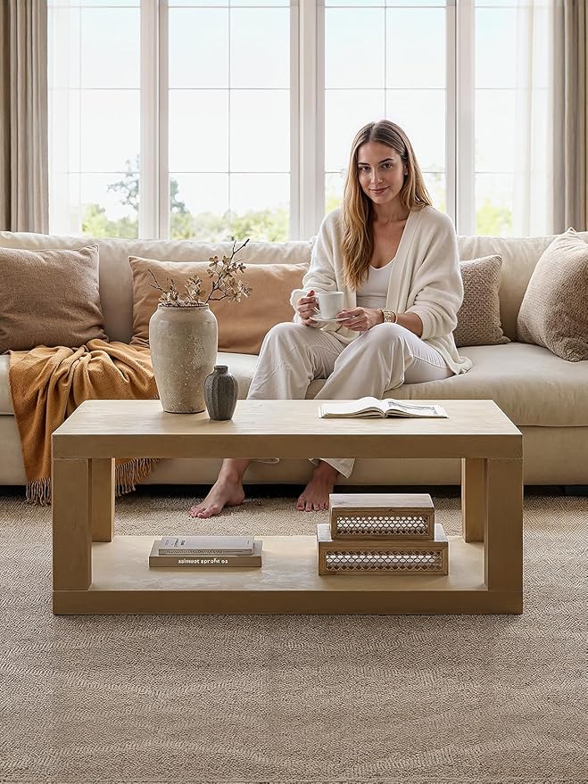 47" Modern Coffee Table, Center Table for Living Room, Large Wooden Rectangular Coffee Tables for Living Room,Office,Wood Thick Design,Real Wood Veneer,Natural Oak