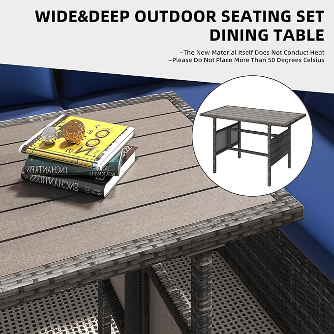 AECOJOY Outdoor Patio Furniture Set, 7 Pieces Clearance Sectional Rattan Dining Table&Chairs, All Weather Wicker Conversation Sofa Couch with Ottoman, Dark Blue Cushions&Grey Rattan