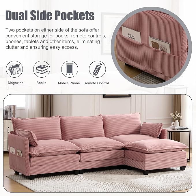 Modular Sectional Sofa Couch with Reversible Ottoman, 103" Oversized Corduroy Cloud Couch, 3 Seat Sectional Sofa with Solid Wood Frame and Side Pockets,for Living Room & Apartment