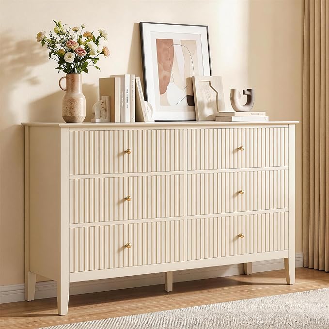RoyalCraft Beige 6 Drawer Dresser, Fluted Modern Wood Chest of Drawers, Long Dresser for Bedroom TV Stand Storage Cabinet for Living Room by Bringyoubetterlife