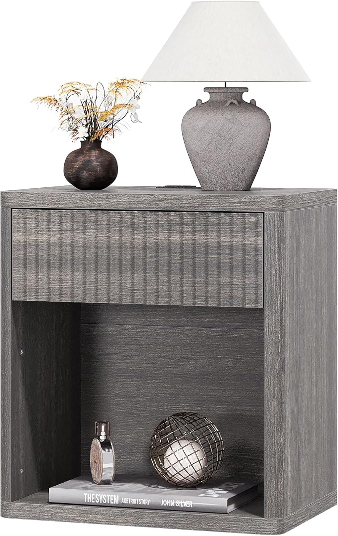 Fluted Nightstand with Drawer Bed Side Table Wide End Table Modern Night Stands with Large Storage Charging Station Mid Century for Bedroom Living Room Office,Gray - Image 8
