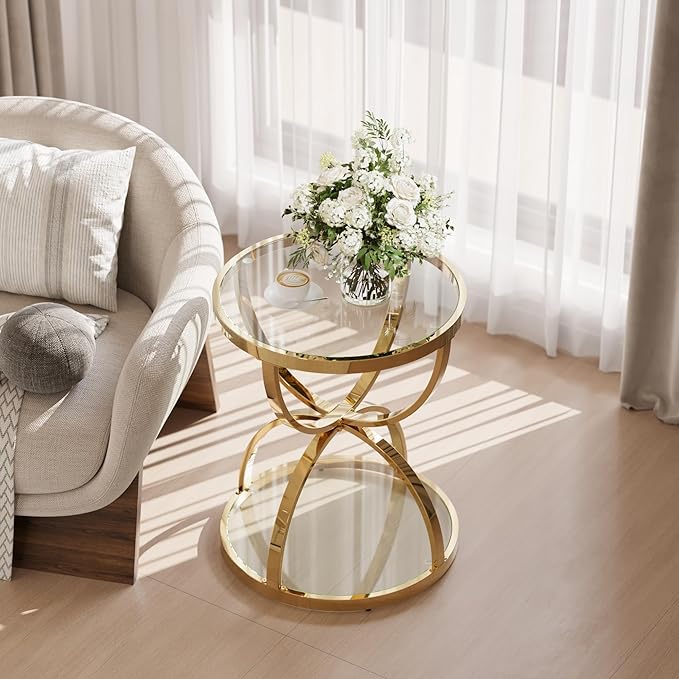 20" Tempered Glass Round Coffee Table Modern Gold Frame Dome Base Two Tiers Circle Small Living Room Center Tables