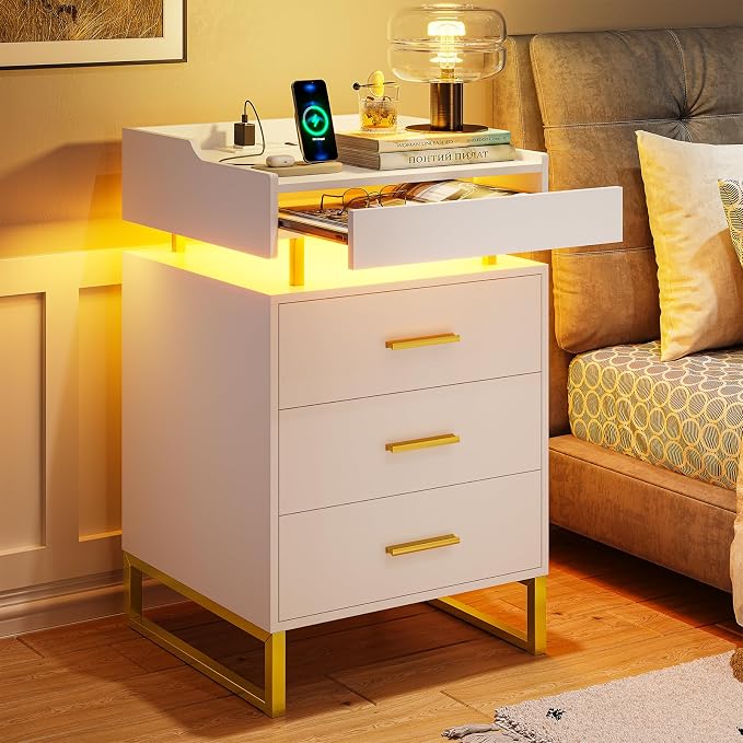 BTHFST LED Nightstand with Charging Station, Large Night Stand with 3 Drawers and 1 Pull-Out Tray, Modern Bedside Table with LED Lights, End Side Table with Storage, White and Gold by BTHFST