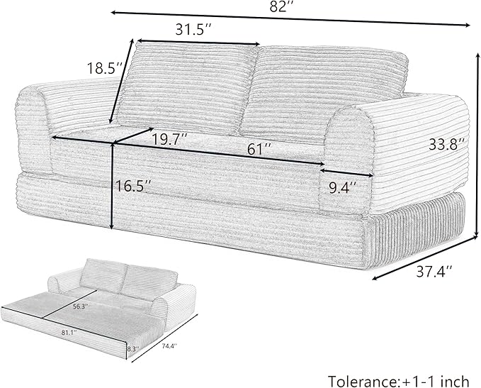 Foldable Boneless Love Seat Couches in a Box, Modern Floor Foam Sleeper Sofa Bed 2-in-1 Convertible Cloud Sofa for Home Apartments Bedroom