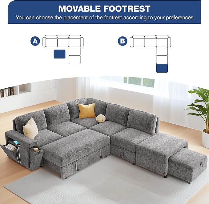 ERYE L-Shaped Multifunctional Sleeper Sectional with Hidden Storage and Cupholders, Modern Pull Out Sleeper Convertible Sofa Bed W/Storage Chaise, Ottoman, USB-C Ports