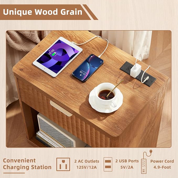 LEYAOYAO Fluted Farmhouse Nightstand Set of 2 with Charging Station, 23" Wide 1 Drawers End Table,Brown Dresser for Bedroom,Bed Side Table Chest of Drawers Cabinet,Wood Night Stand for Living Room - Image 8