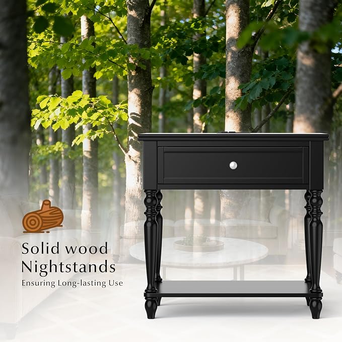 Solid Wood Nightstand with Charging Station, Traditional End Table with Drawers and Open Shelf, Bedside Table with Storage, Modern Side Table for Bedroom Set of 2, Black - Image 3