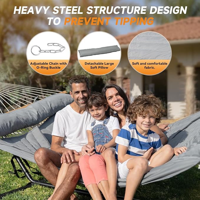 Everyfun 2 Person Outdoor Hammock with Stand, Cotton Rope Hammock with Polyester Pad, Adjustable Steel Frame, Portable with Carrying Bag – for Patio, Backyard, Garden, Beach,Dark-Gray - Image 4